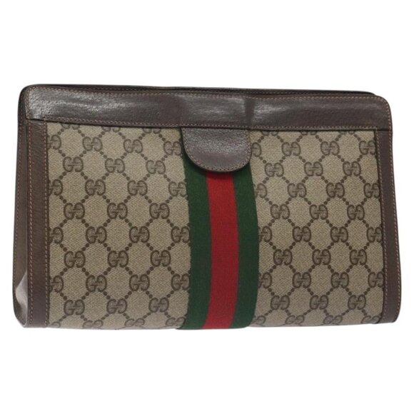GUCCI GG Supreme Web Sherry Line Clutch Bag PVC Beige Auth - Picture 1 of 16